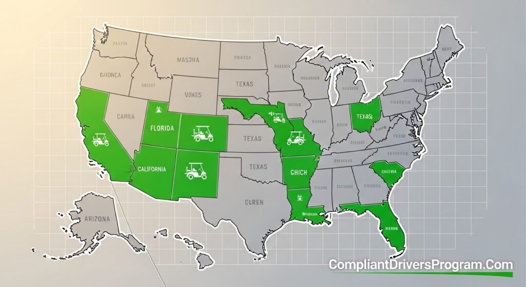 US map showing Florida, Texas, California, Arizona golf cart insurance requirements - CompliantDriversProgram.Com