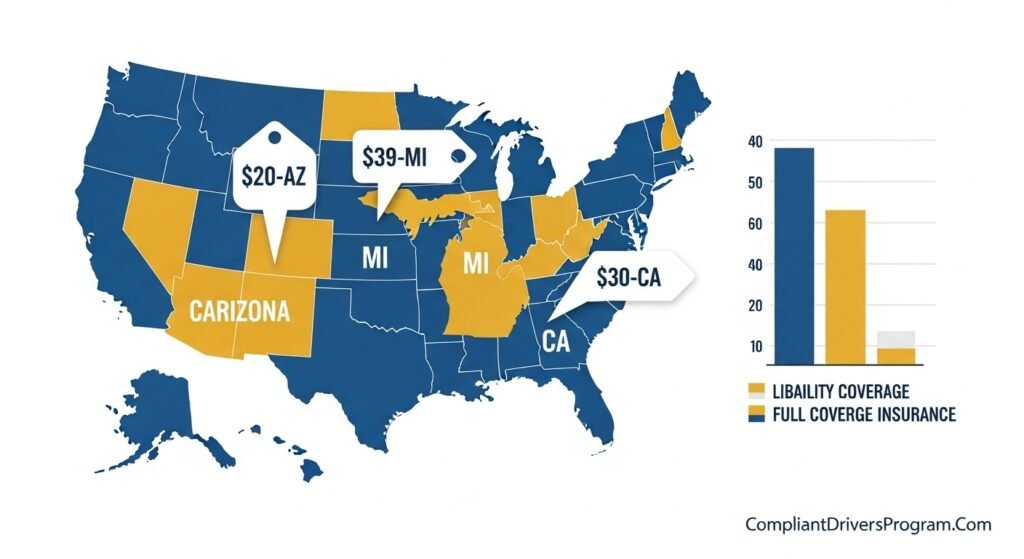 United States map showing motorcycle insurance costs by state with price indicators