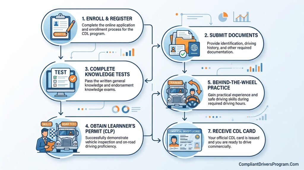 Seven-step infographic showing complete foreign license to CDL conversion process from documentation to license issuance