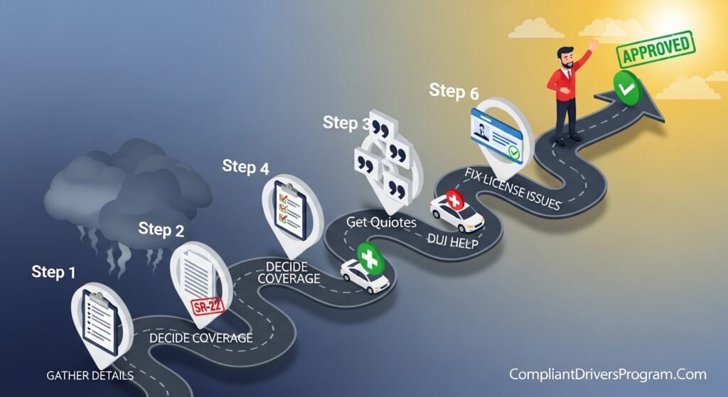 Six-step visual roadmap showing how to get car insurance approval with a poor driving history