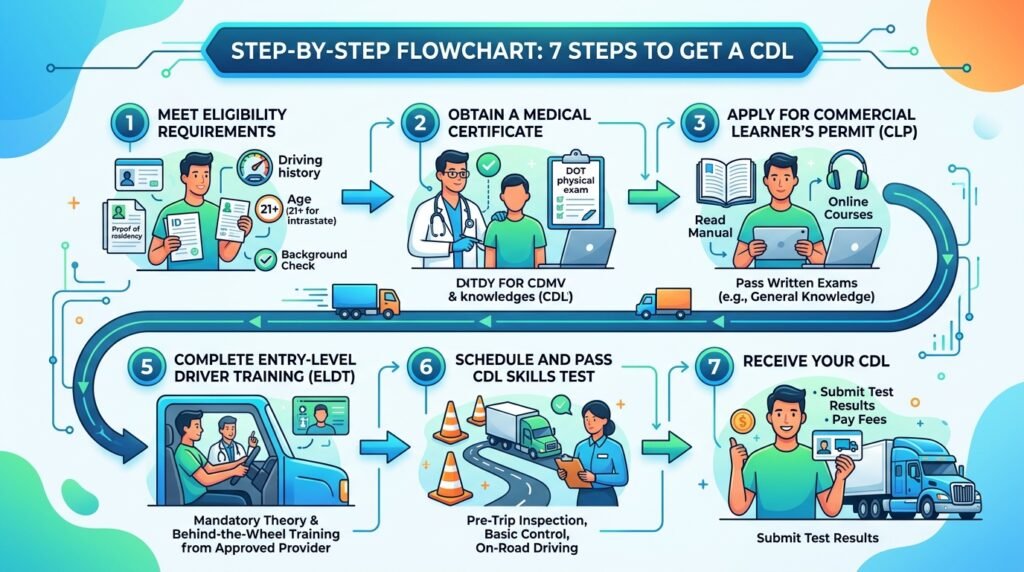 How to get a CDL license step by step flowchart showing 7 steps from choosing a class to getting your license