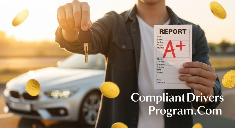 Teen driver holding car keys and good grades report card with money floating around.