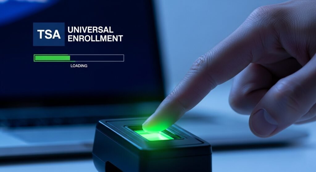 Truck driver using a digital fingerprint scanner for TSA background check.