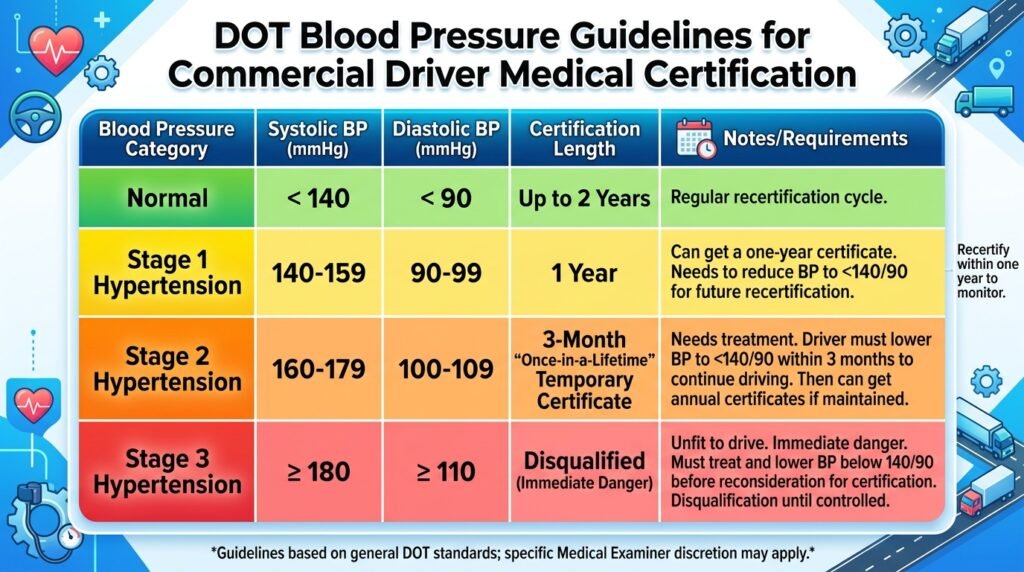 DOT physical blood pressure requirements chart showing Stage 1, Stage 2, and Stage 3 categories for CDL medical certification