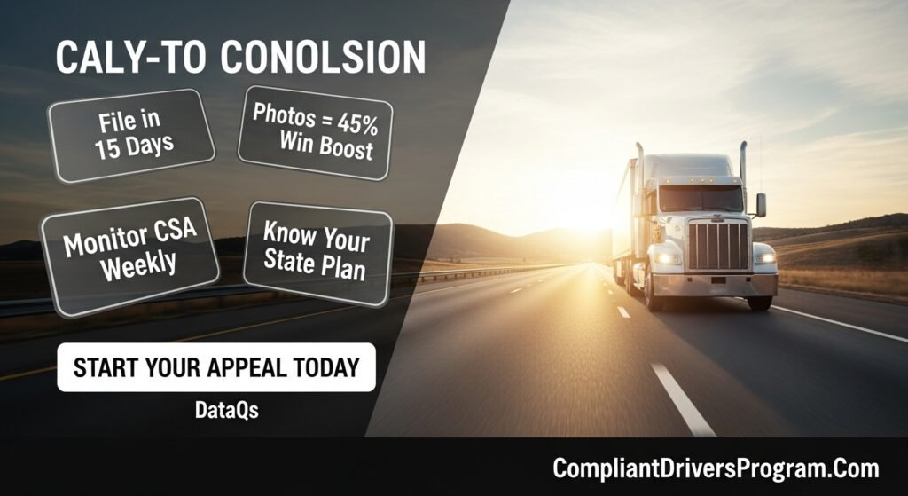 Inspirational highway sunrise image with semi-truck and four key takeaway badges encouraging immediate DOT appeal action