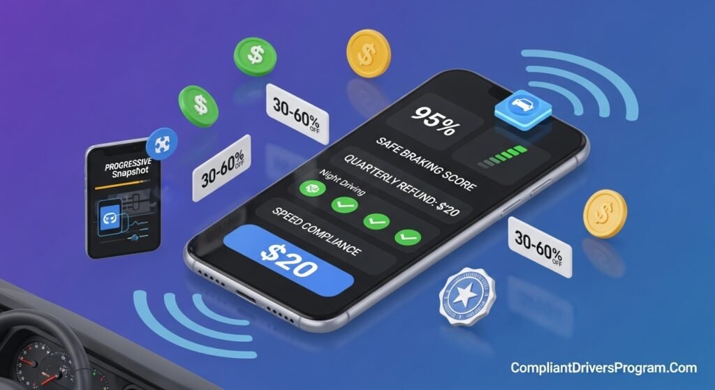 Smartphone showing telematics driving app with safe driving scores and quarterly refund of $250 displayed