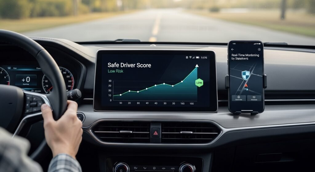 Dashboard screen showing safe driver score and insurance tracking app