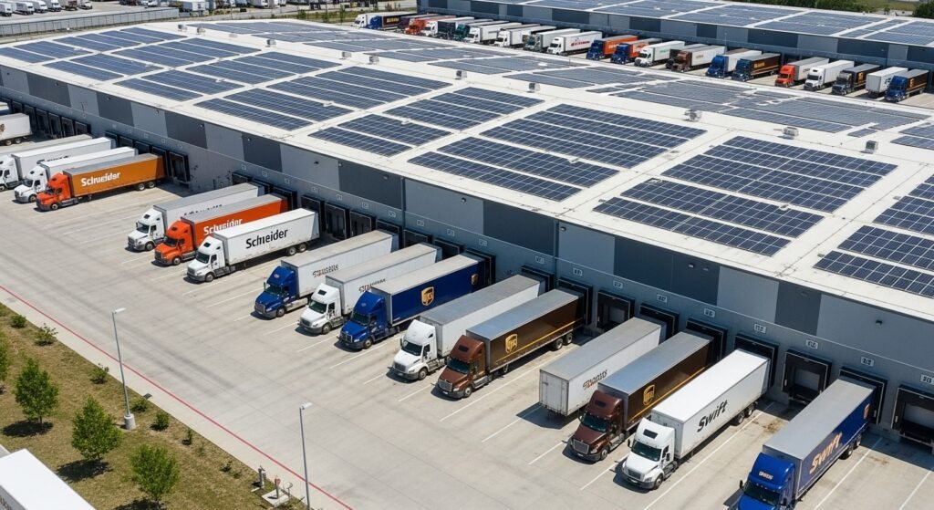 Aerial view of top 100 trucking companies in USA trucks at a loading dock