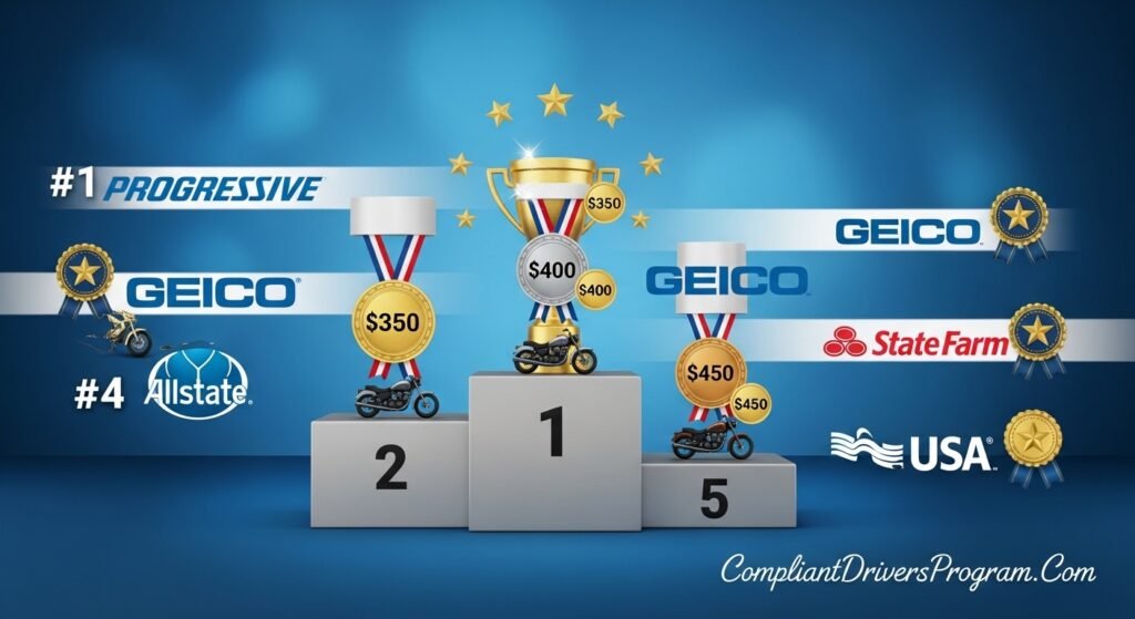 Ranking podium showing cheapest motorcycle insurance companies - Progressive $350, Geico $400, State Farm $450 - CompliantDriversProgram.Com