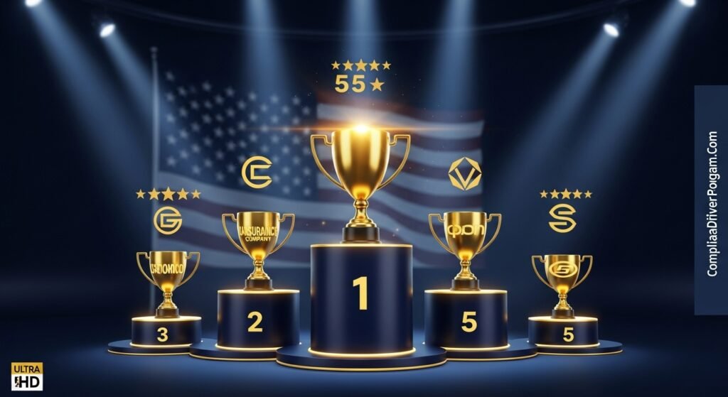 Golden trophy podium displaying top 5 best rated car insurance companies in America for 2026 with star ratings