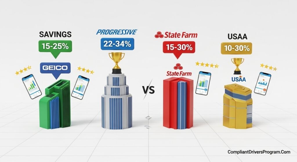 Comparison of top insurers Geico, Progressive, State Farm, USAA showing safe driver discount percentages ranging 15-34%