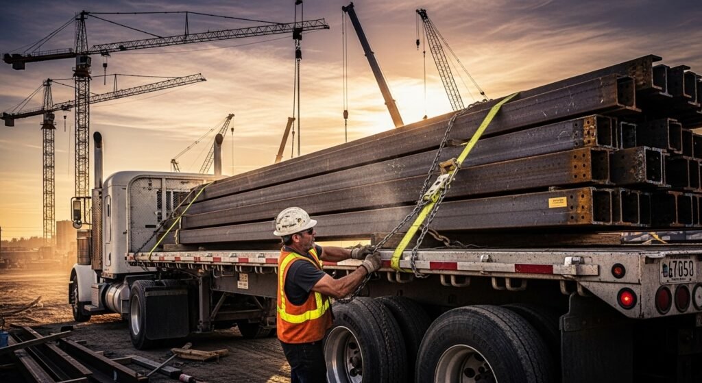 Flatbed truck driver securing a load of steel for US Xpress or Prime Inc