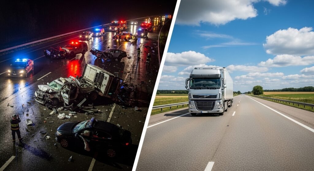 Before and after comparison of truck accident versus safe defensive driving practices