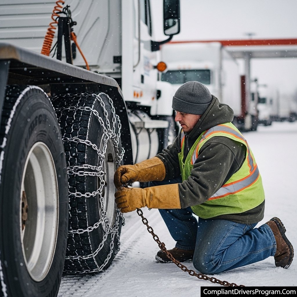 Truck driver kneeling in snow installing tire chains on semi truck dual tires at a winter truck stop