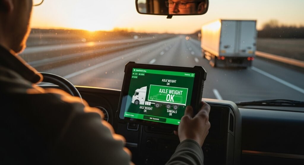 Truck driver inside cab using a tablet app to check axle weight distribution.