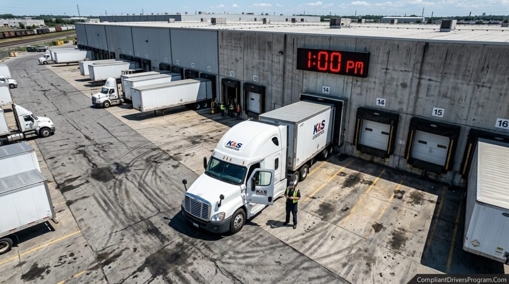 Truck driver standing at warehouse loading dock checking phone while waiting, losing valuable hours on the 14 hour duty window