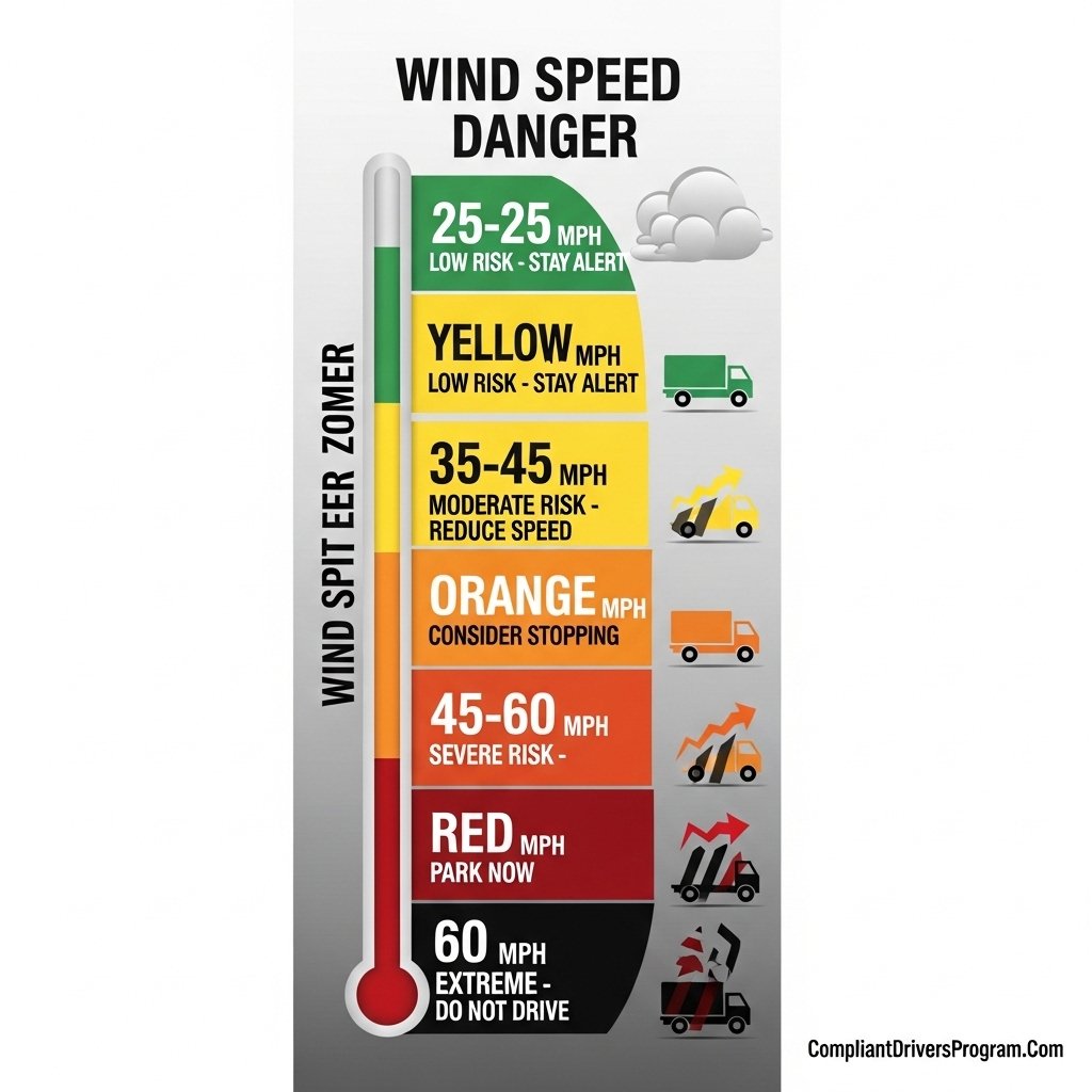 Wind speed danger level chart for truckers showing when to reduce speed or stop driving
