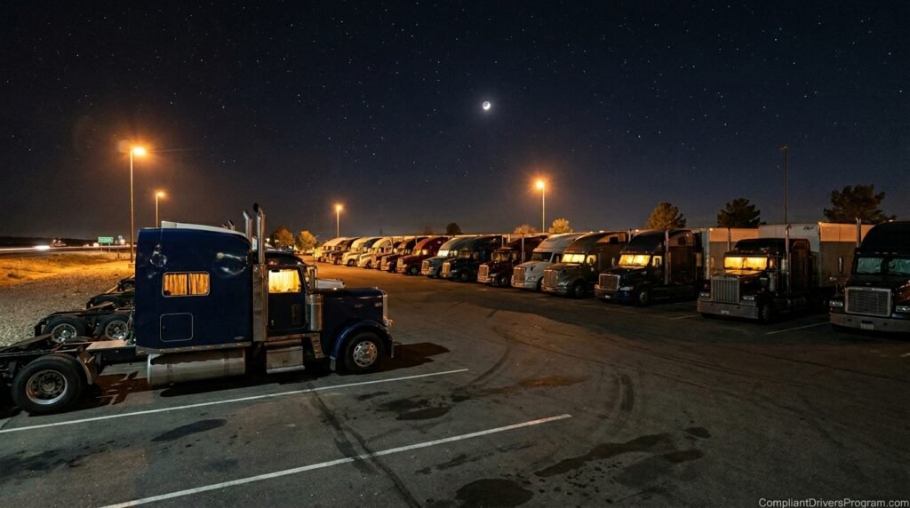 Peaceful nighttime truck stop with semi trucks parked and sleeper berth lights glowing during off duty rest period