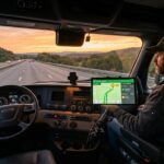 Best truck GPS app showing commercial truck navigation route on tablet mounted in semi truck cab