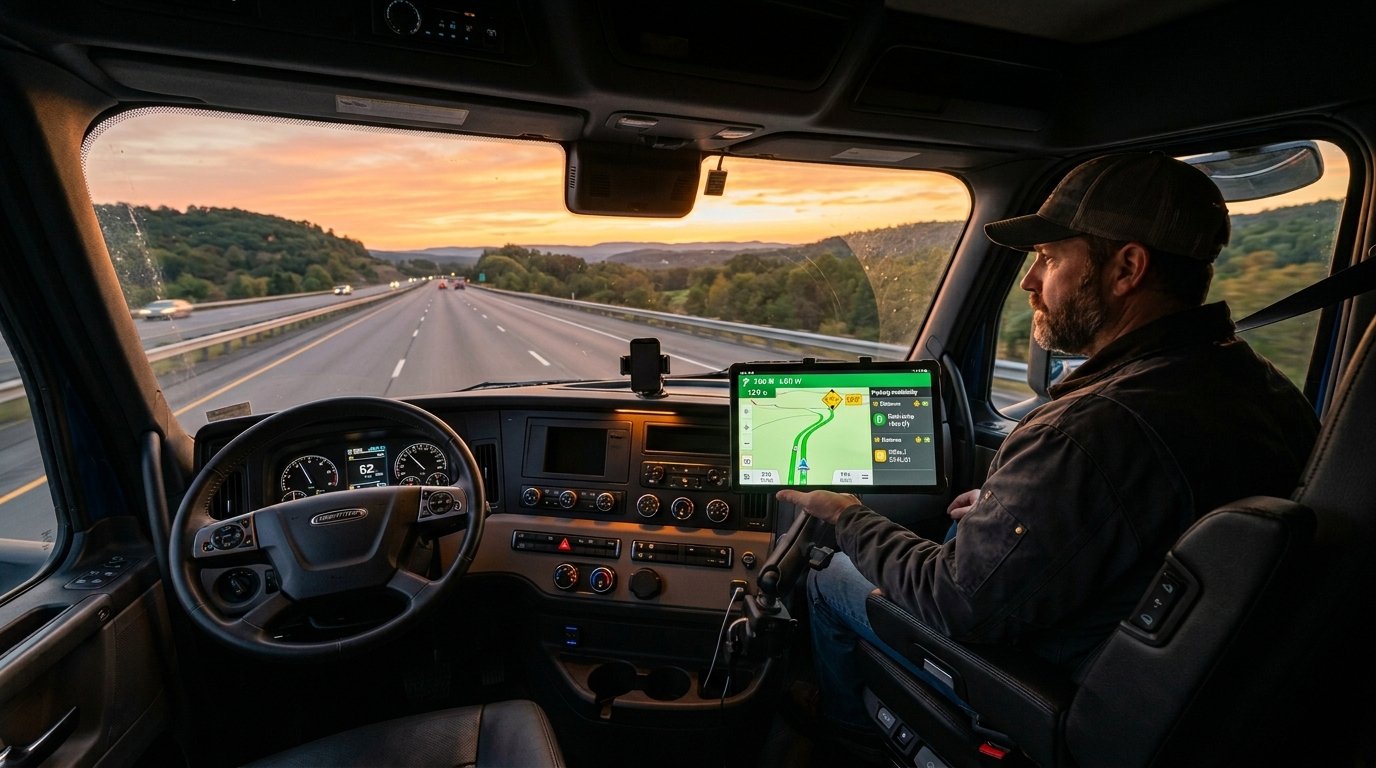 Best truck GPS app showing commercial truck navigation route on tablet mounted in semi truck cab
