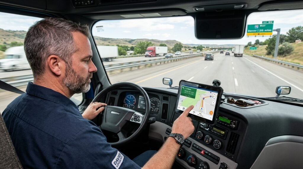 Trucker navigation app displayed on tablet mounted in commercial truck cab showing truck routes