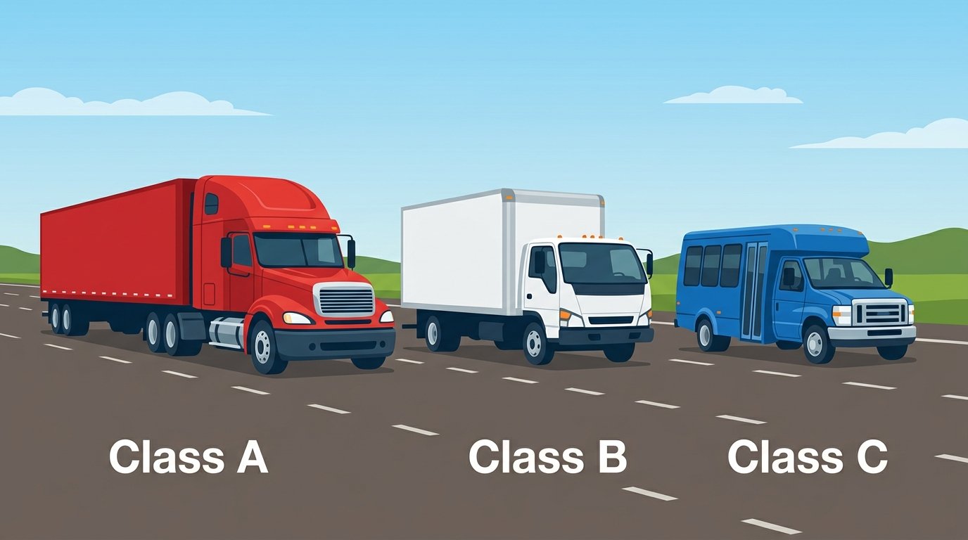 Types of CDL licenses explained showing Class A semi truck Class B box truck and Class C passenger van side by side on a highway