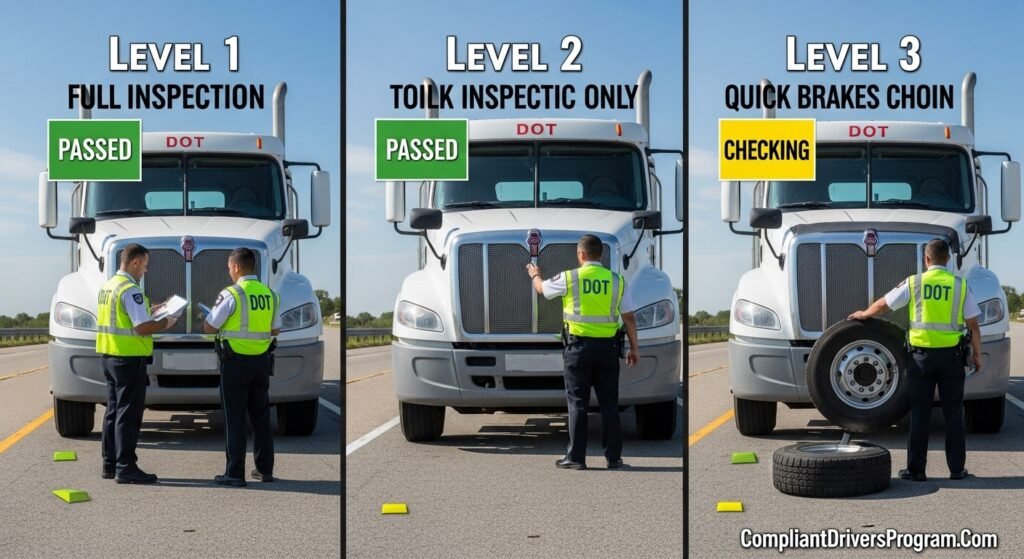 Three-panel comparison showing DOT inspection levels 1 2 and 3 with officers checking truck and driver
