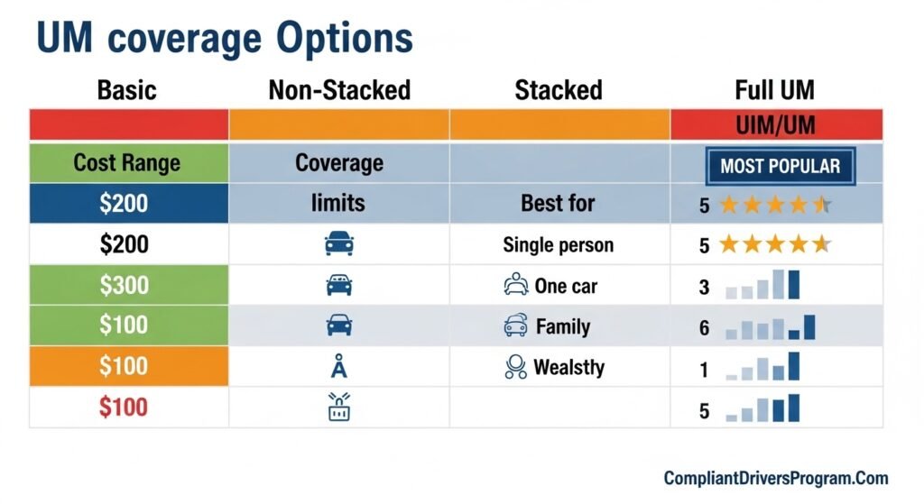 Side by side comparison table of basic stacked and premium uninsured motorist coverage options