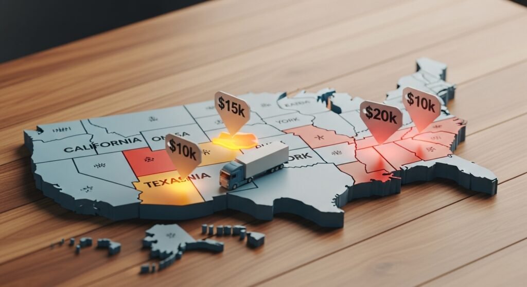 Map of the United States highlighting states with high overweight truck fines like California and Texas.