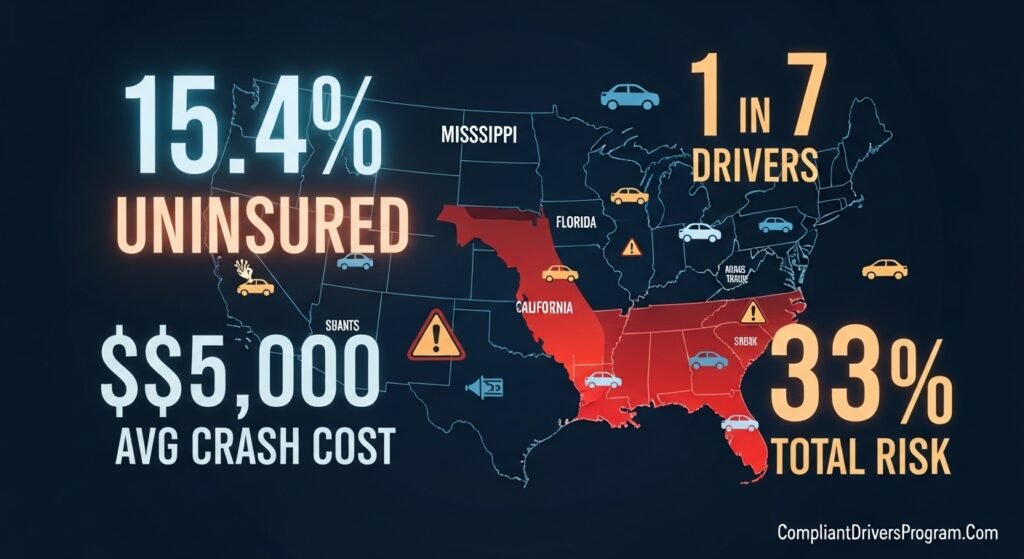 US map showing uninsured driver rates by state with 15.4% national average and high-risk states highlighted