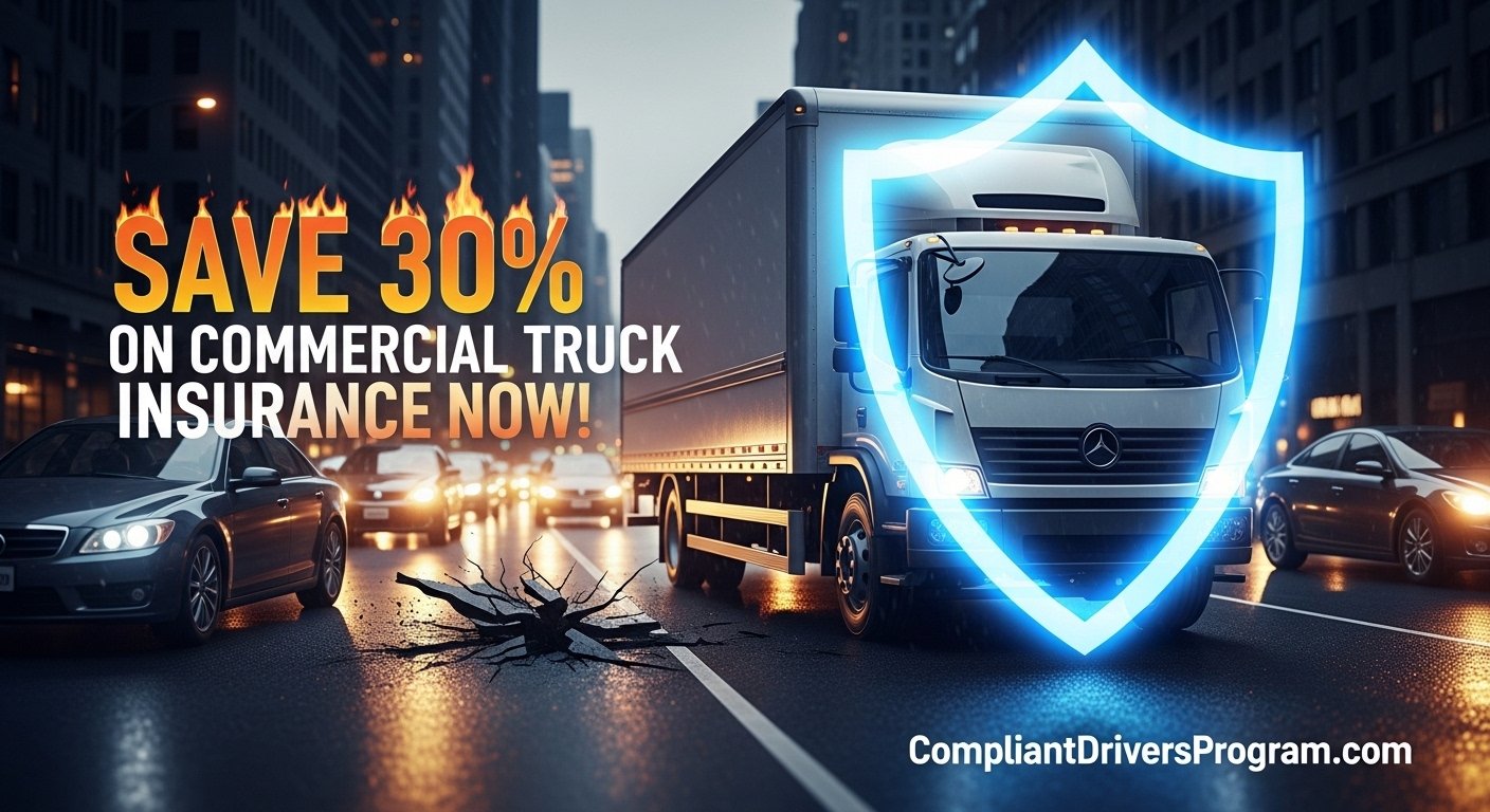Commercial truck protected by insurance shield in city traffic