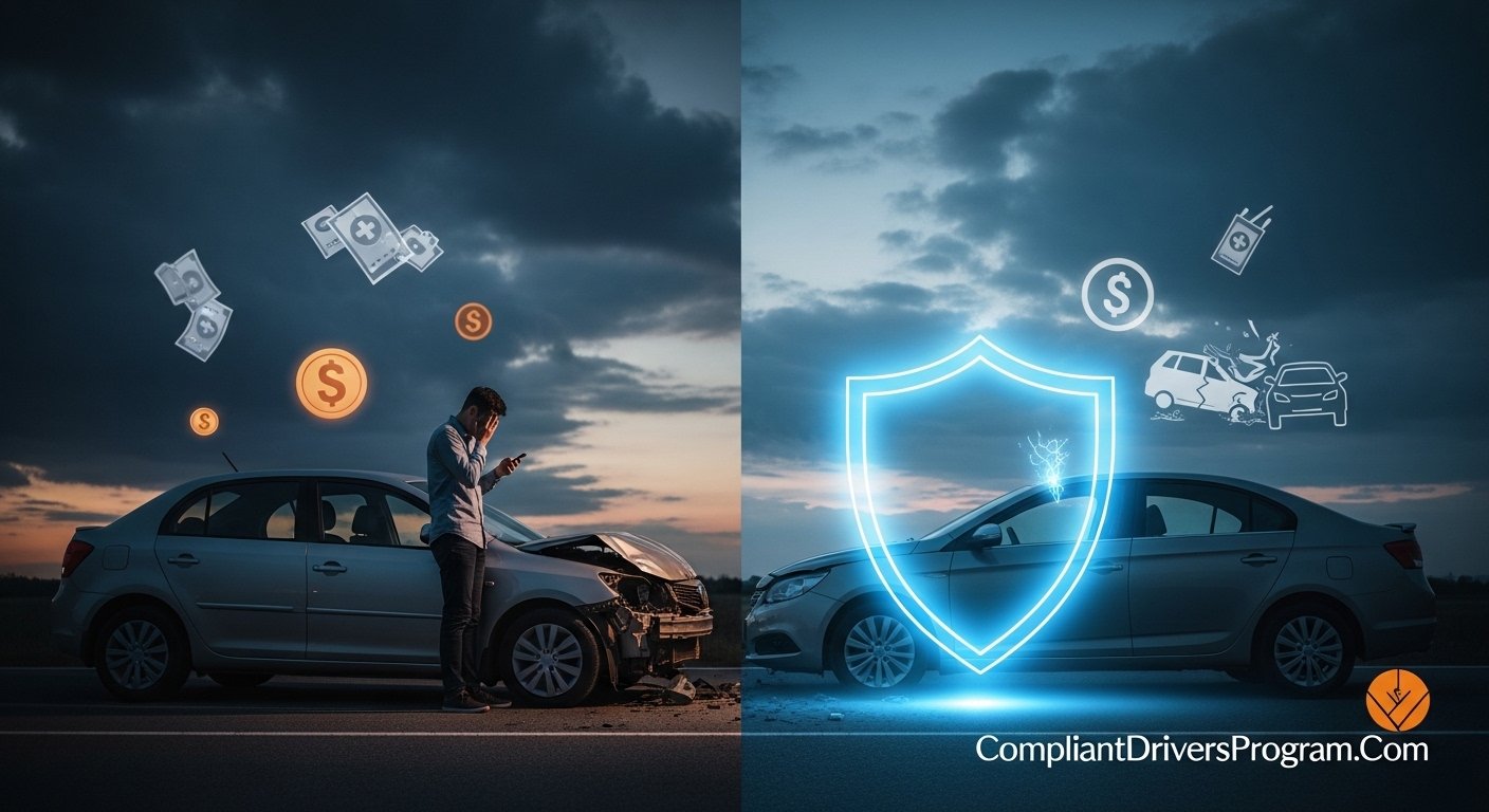 Driver protected by uninsured motorist coverage shield versus unprotected driver facing accident bills - CompliantDriversProgram.Com