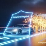 Futuristic car protected by insurance shield turning rain into gold coins