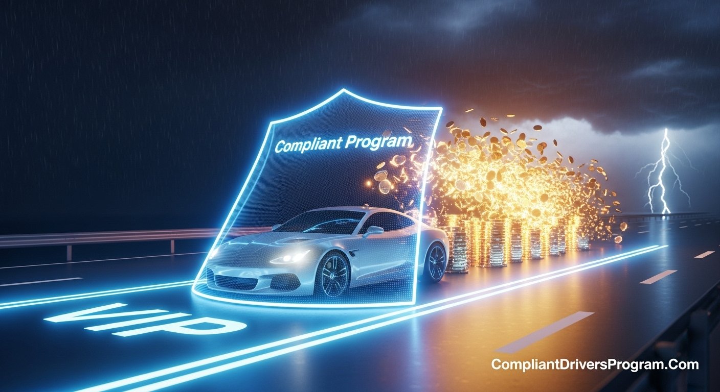Futuristic car protected by insurance shield turning rain into gold coins