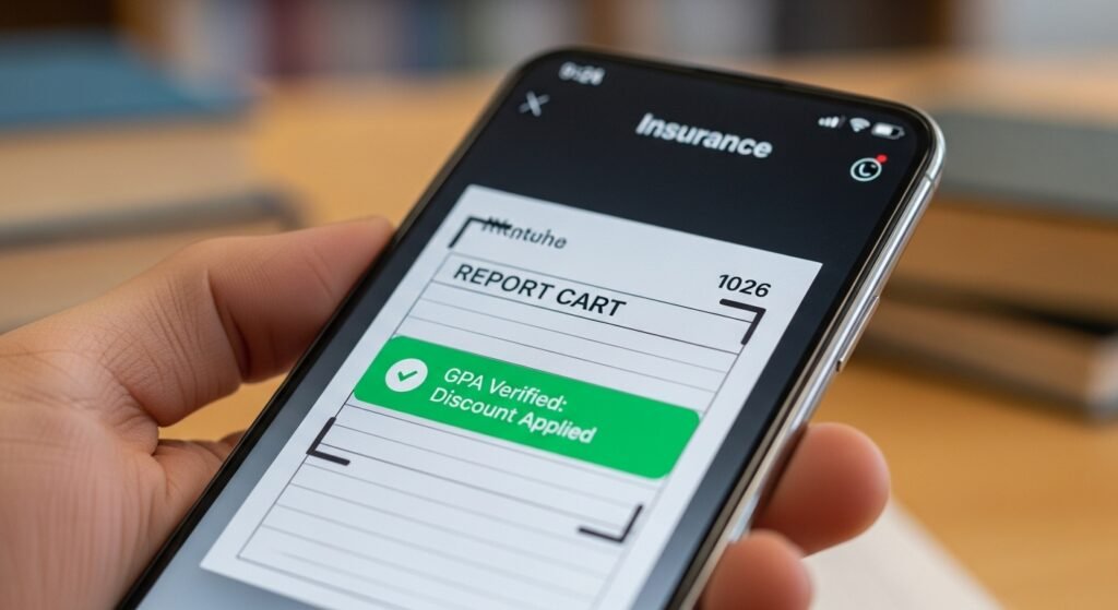 Smartphone app scanning a student report card to verify GPA for insurance discounts.