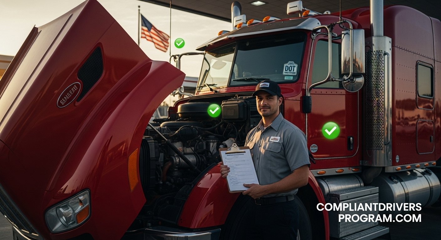 Professional truck driver holding vehicle inspection report clipboard beside semi-truck at sunrise with DOT sticker visible
