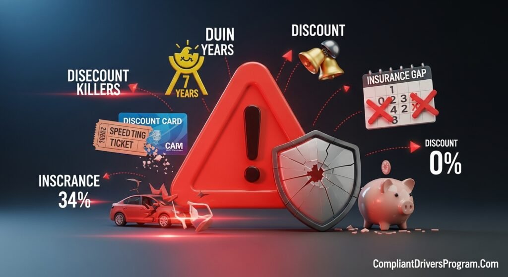 Warning infographic showing discount killers including speeding tickets, DUI, accidents, and insurance gaps that eliminate safe driver savings