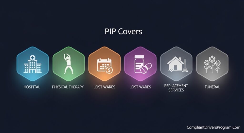 PIP insurance coverage benefits infographic showing medical expenses lost wages therapy funeral costs