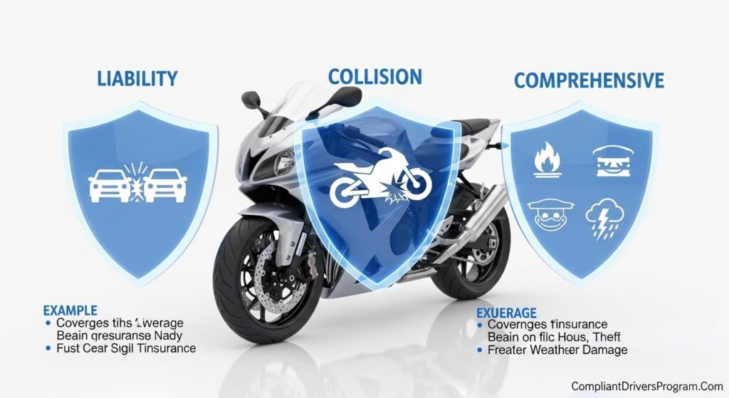 3D diagram showing three types of motorcycle insurance coverage with protective shields