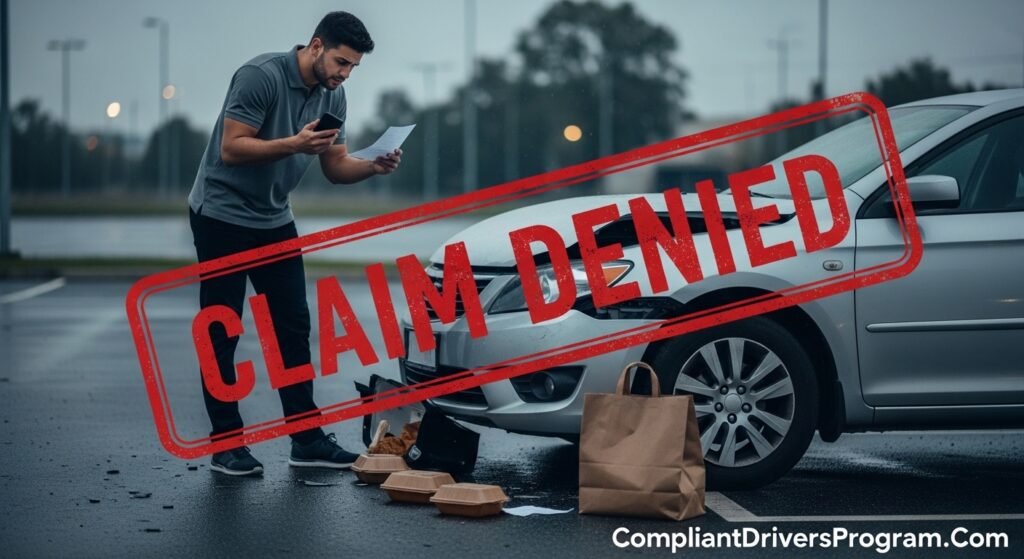 Stressed delivery driver standing next to damaged car with spilled food and claim denied stamp overlay after accident