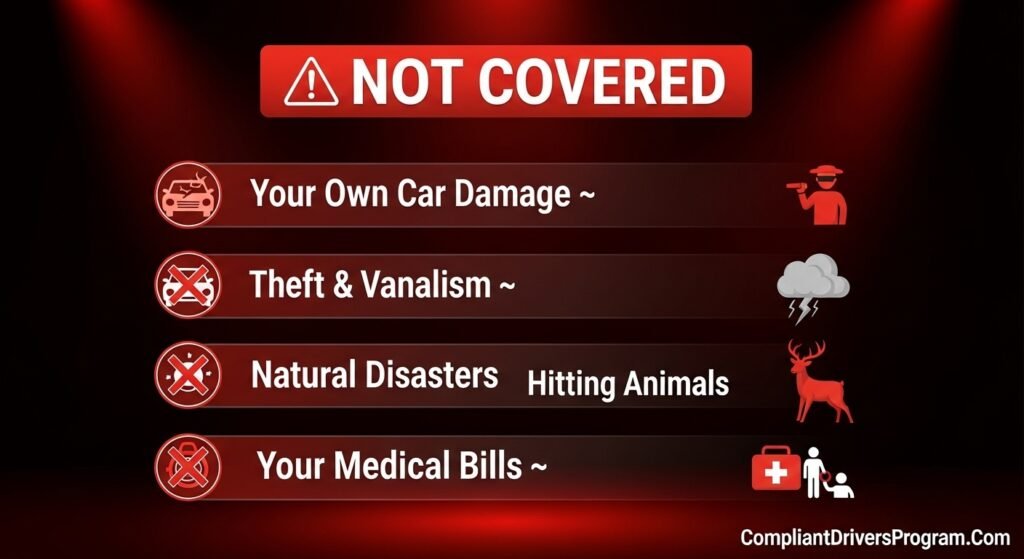 Warning infographic showing five things not covered by liability car insurance including own vehicle damage theft natural disasters and personal medical bills