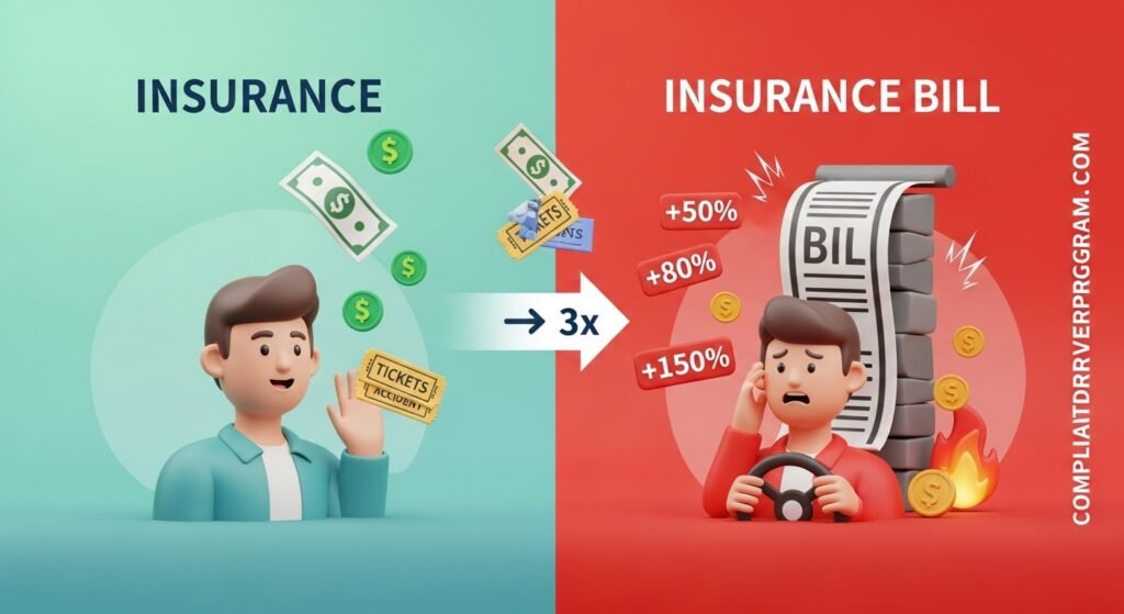 Visual comparison showing dramatic insurance rate increases after driving violations and at-fault accidents