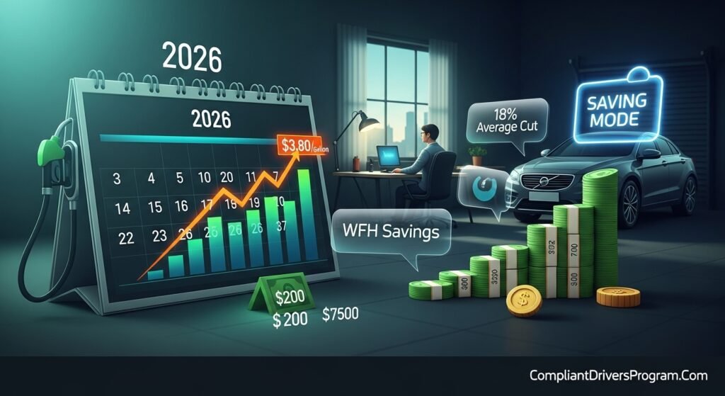 2026 calendar showing gas prices and remote worker saving money on car insurance through low mileage discount
