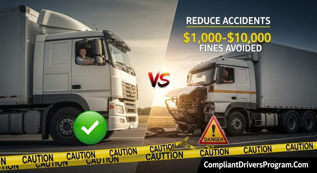 Split comparison image showing safe inspected truck versus broken down truck highlighting importance of post trip inspection