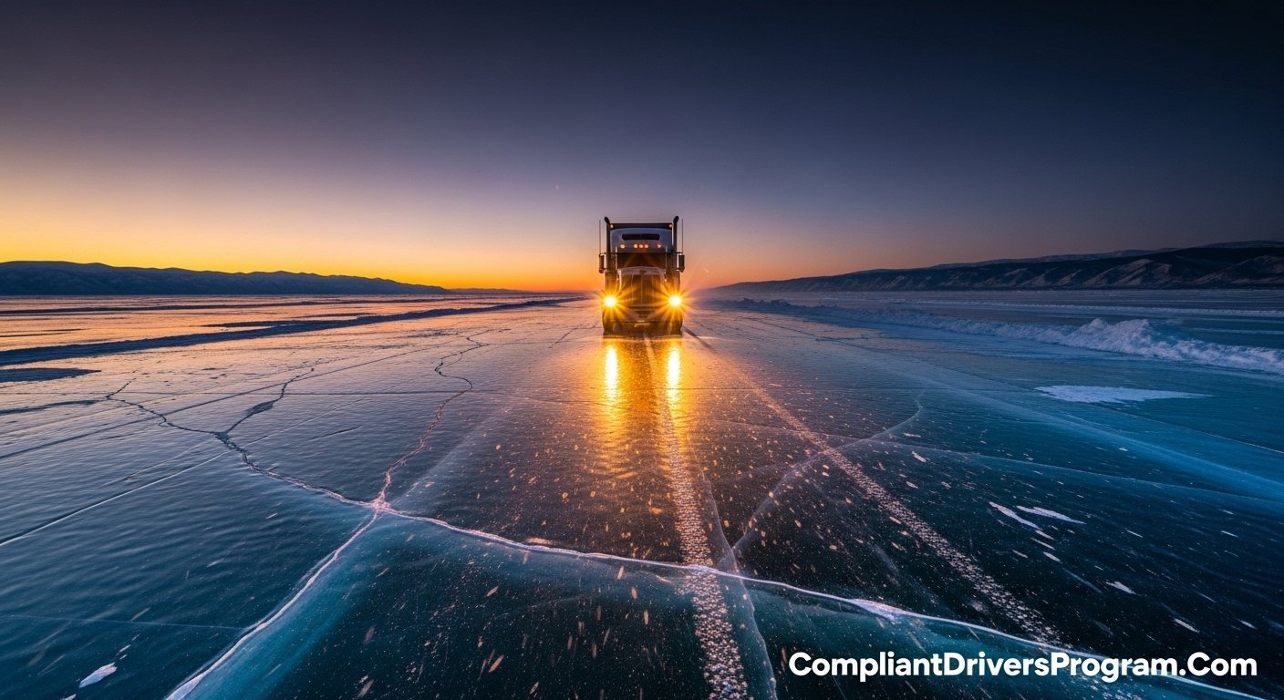 Semi truck driving across a frozen ice road at twilight with snow-covered mountains in the background - ice road trucking safety guide