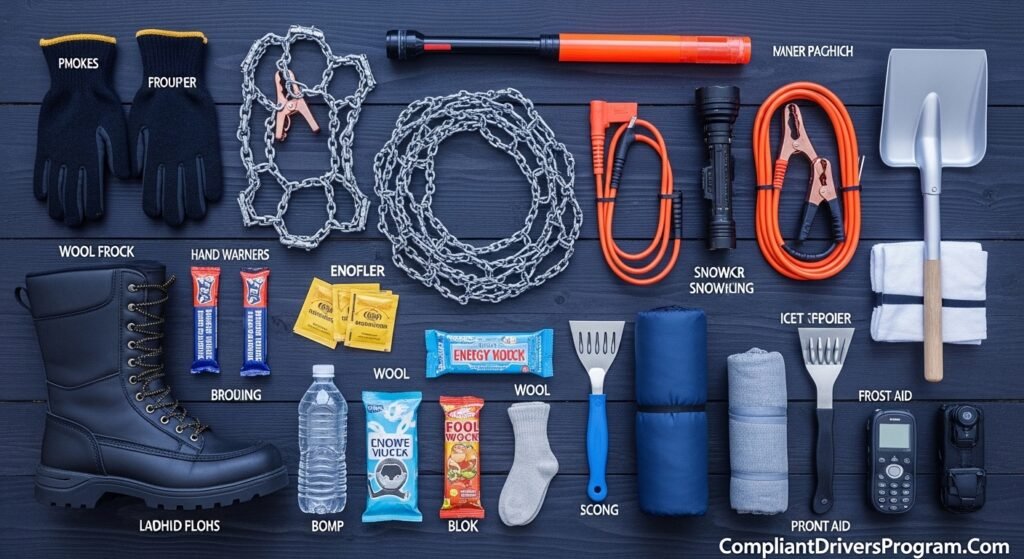 Flat lay overhead photo of essential winter truck driving gear including chains boots gloves flares shovel and survival equipment