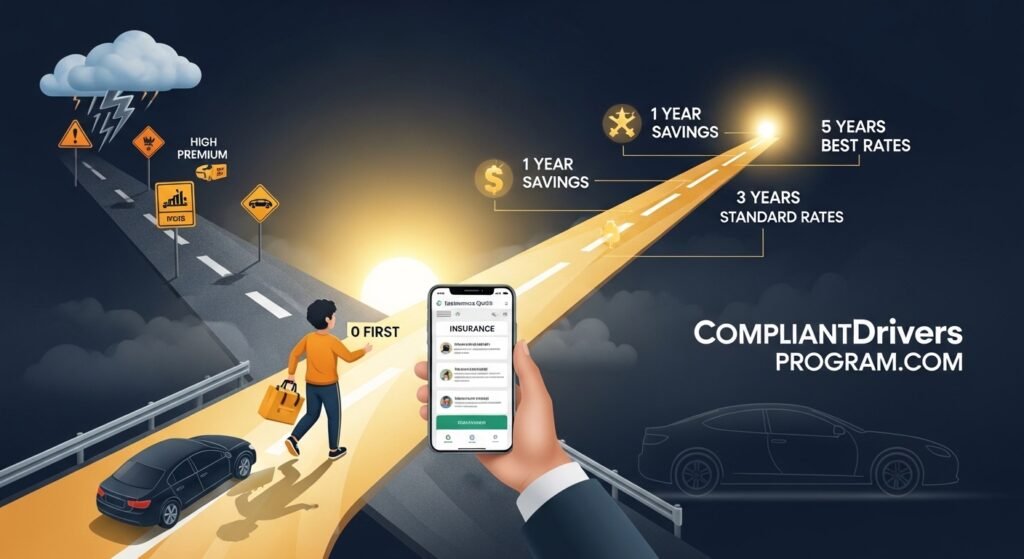 Hopeful illustration showing high risk driver beginning journey from expensive rates toward standard affordable insurance over time