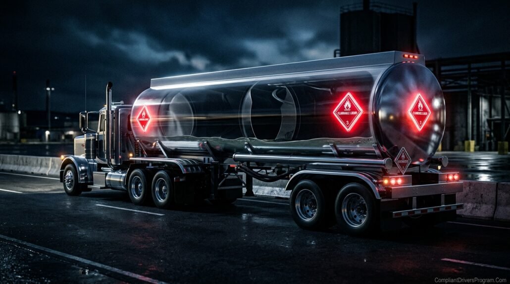 A translucent chrome tanker truck showing a small amount of liquid inside, with large placards visible on all four sides.