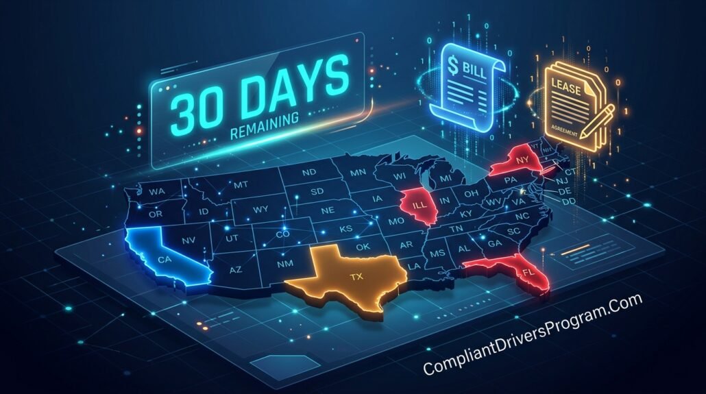 A 3D digital countdown timer floating over a map of the United States, highlighting CDL transfer windows.