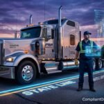 A truck driver holding a glowing CDL card at a digital state border crossing, symbolizing a license transfer.